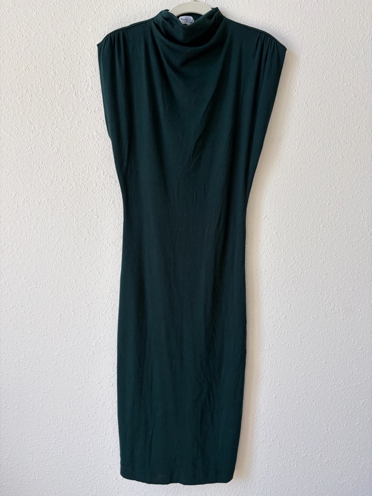 Michael Stars Iolanda Mock Neck Midi Dress Dark Ivy Size Small Ribbed Ruched